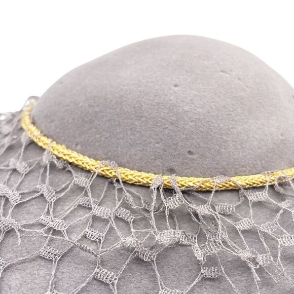 Vintage 1940s New York Creation Mushroom Veil Hat Gray Felted Wool Gold Trim - Picture 9 of 16